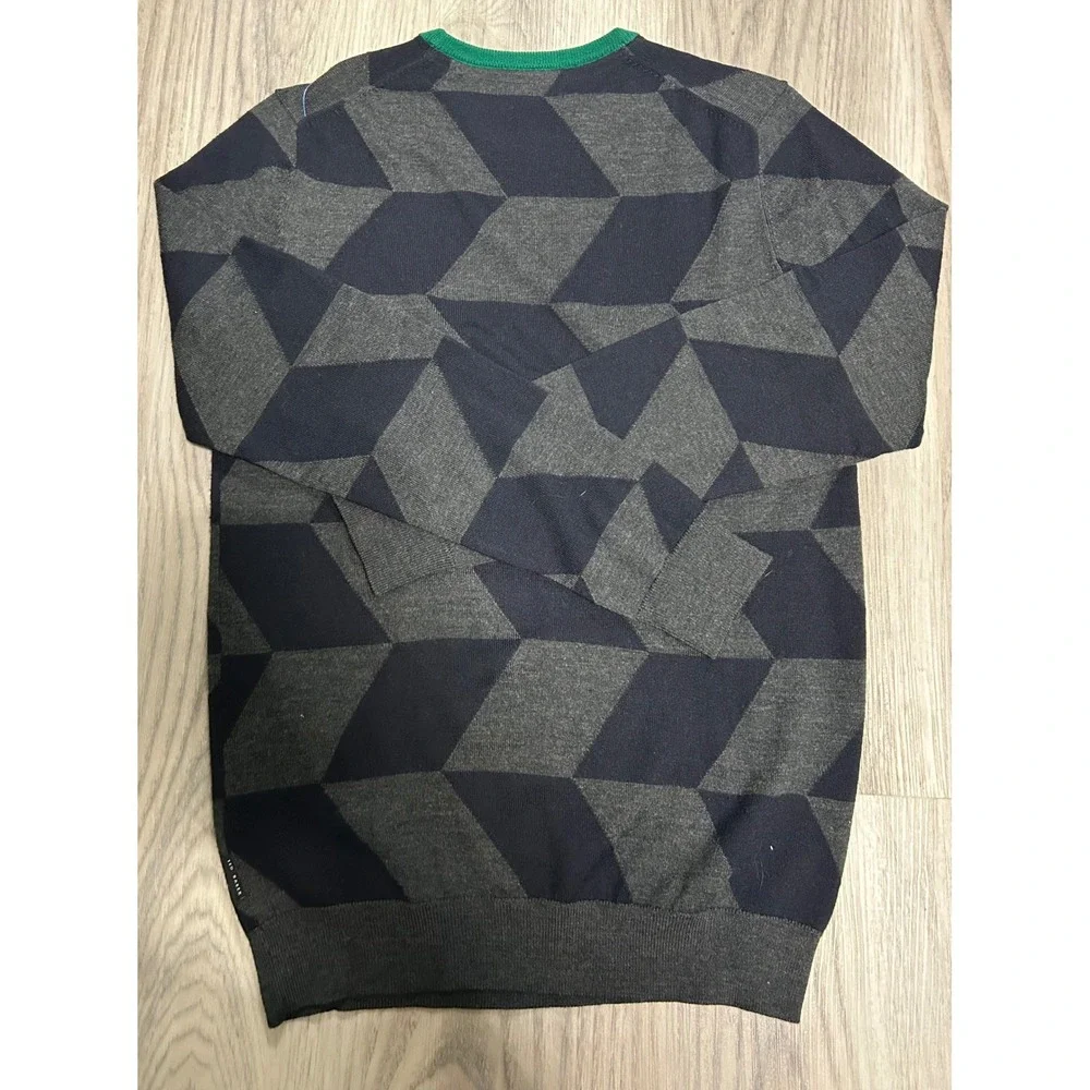 Ted Baker London Mens Wool Blend Geometric Chevron Sweater Navy Grey xs s luxury